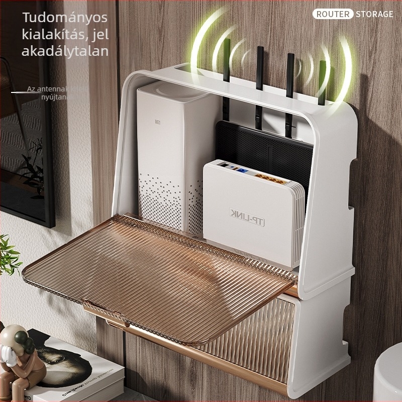 Router tároló doboz fedéllel, 5 rekesszel, falra szerelhető porálló műanyag tároló, kábelekhez és set-top boxhoz