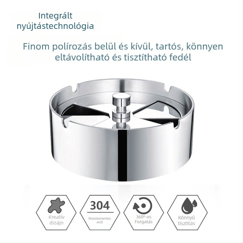 Vastagított rozsdamentes acélból készült hamutál forgó fedéllel, otthoni és autós használatra; csiszolt felület; testreszabható