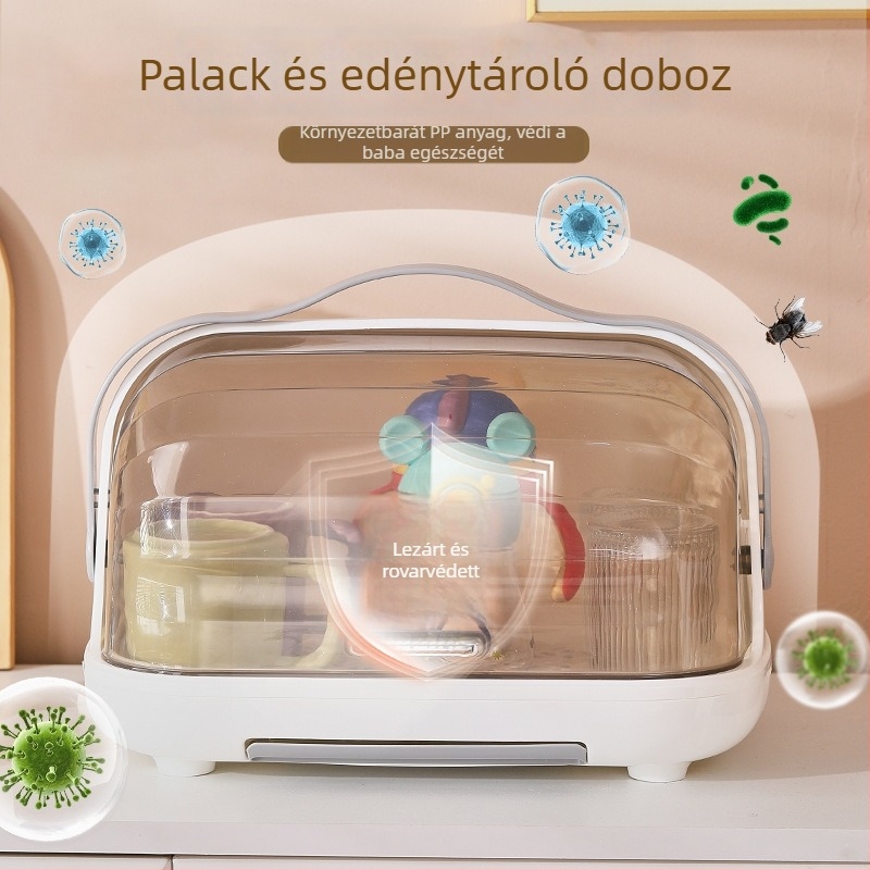 Fedéllel ellátott cumisüveg tároló doboz, porvédett, hordozható leeresztő polc, PP műanyag, modellek 2423/2424