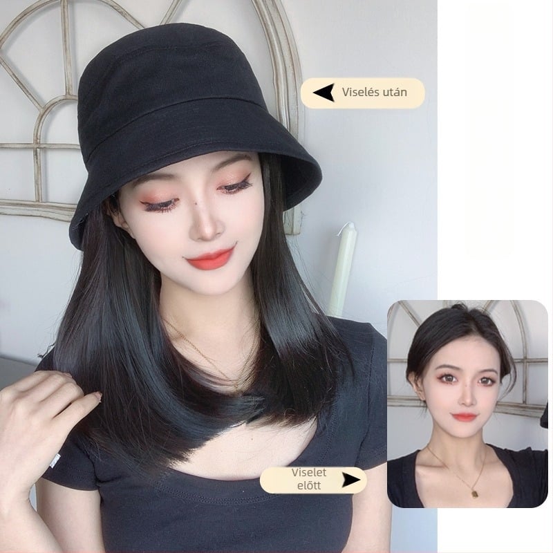 Integrált halászkalap paróka – koreai stílus, középhosszú haj a kulcscsontig, hőálló huzal, frufru nélkül