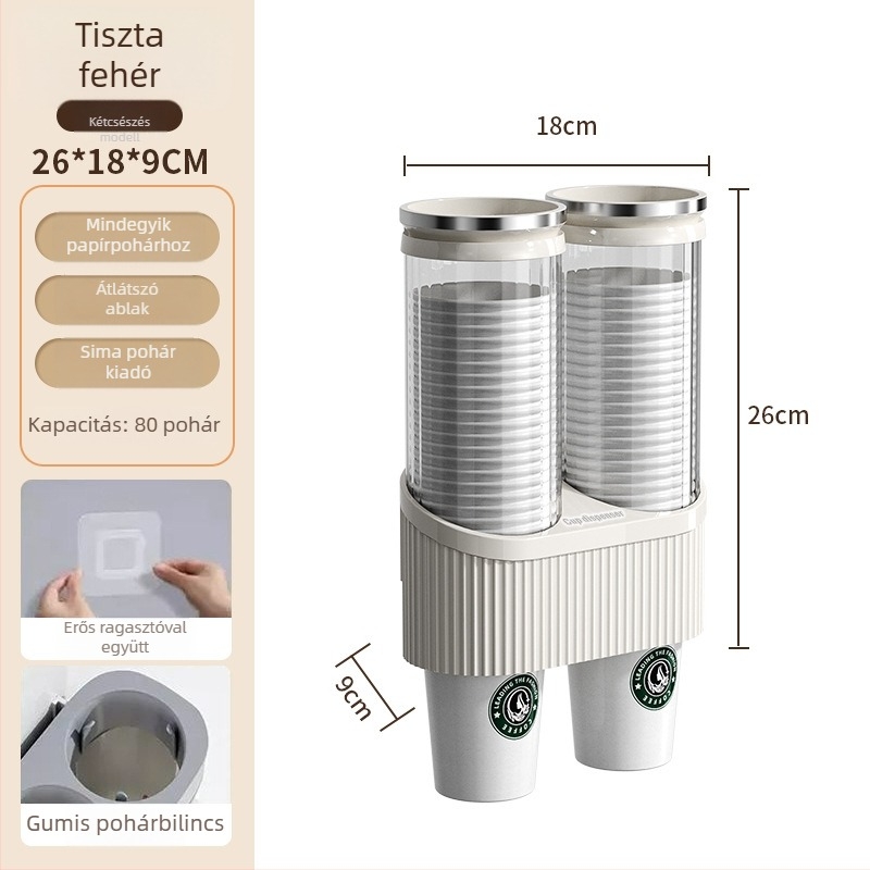 Falihoz szerelt pohártartó és víz pohár diszpenzér | Műanyag, modern minimalist stílus, akasztó típusú telepítés, 1 réteg, 2024 modell