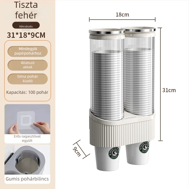 Falihoz szerelt pohártartó és víz pohár diszpenzér | Műanyag, modern minimalist stílus, akasztó típusú telepítés, 1 réteg, 2024 modell