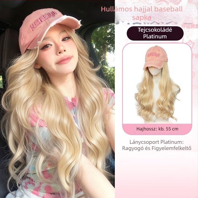 Kalapos paróka – hosszú, hullámos haj, koreai stílus, természetes megjelenés, teljes fejre rögzített, hőálló selyem anyag