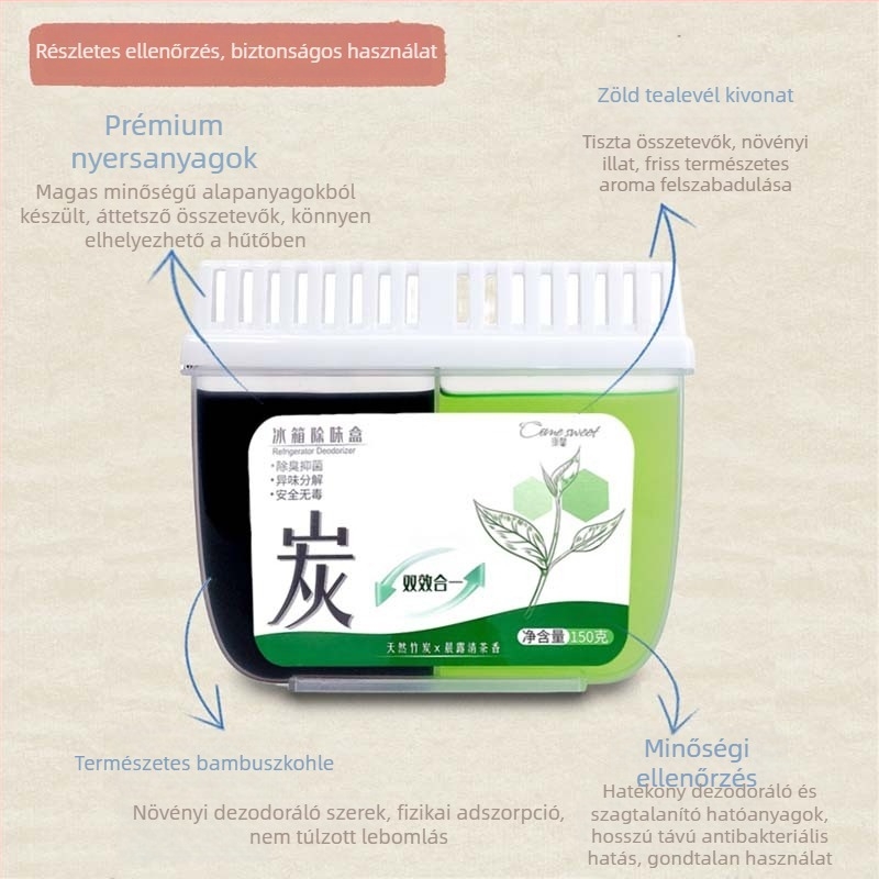 Hűtőszekrény dezodoráló aktív szénnel – szag eltávolítás és frissesség megőrzése, bambuszszén tea illat, 150 g