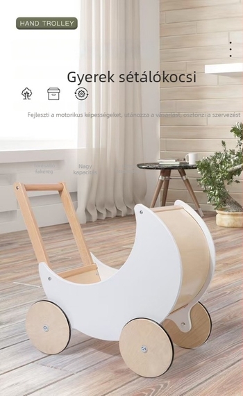 Fából készült bevásárlókocsi játék – háztartási imitáció és fejlesztő játék 4–6 éveseknek