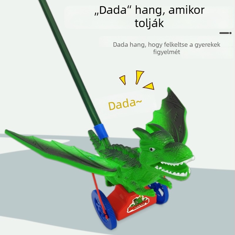 Dinoszaurusz toló-kocsi – Oktató játék gyerekeknek csengővel, műanyagból, fejleszti a kéz-szem koordinációt (4-6 év)