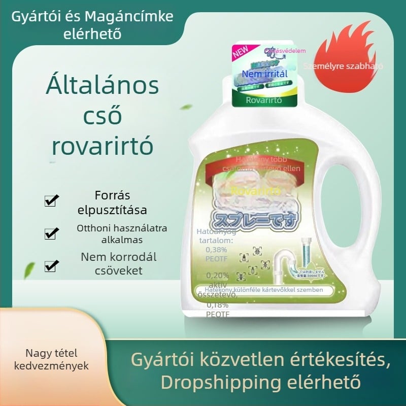 Yuhong csatornaszennyvíz- és csőinsecticid, folyékony forma; fürdőszoba és konyha; célpontok: repülő rovarok, csótányok, százlábúak és szúnyogok