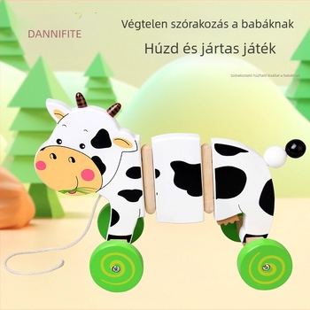Fából készült tejelő tehén vontatható kiskocsi gyerekeknek 4–6 éveseknek — oktató korai nevelési játék
