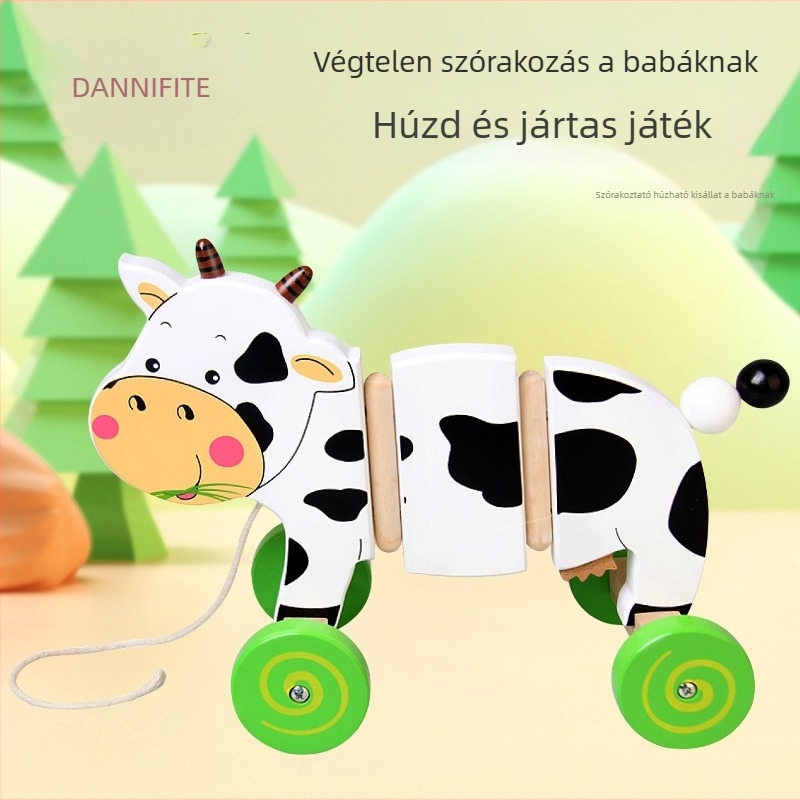 Fából készült tejelő tehén vontatható kiskocsi gyerekeknek 4–6 éveseknek — oktató korai nevelési játék
