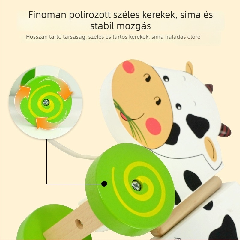 Fából készült tejelő tehén vontatható kiskocsi gyerekeknek 4–6 éveseknek — oktató korai nevelési játék