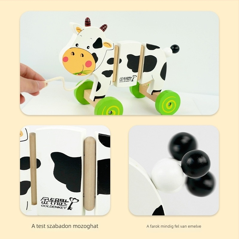 Fából készült tejelő tehén vontatható kiskocsi gyerekeknek 4–6 éveseknek — oktató korai nevelési játék