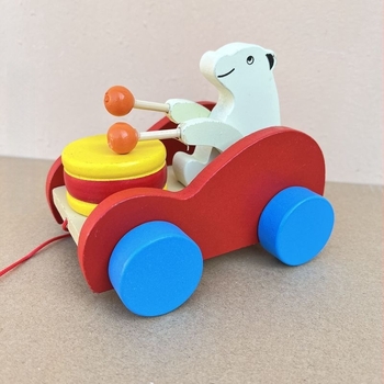 Fából készült medve húzható járóka dobos funkcióval – oktató játék 0–3 éveseknek