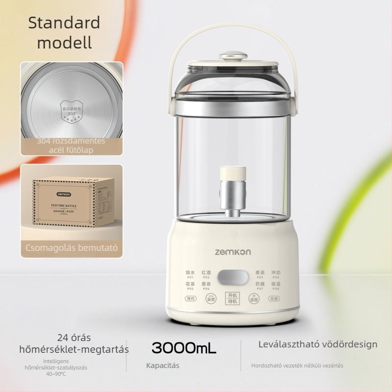 Zemkon Egészség teáskanna, üvegtesttel, magas boroszilát üveg, 3 L, 800 W, 220 V, digitális termosztát, érintéses vezérlés, modell RC-Z830D35