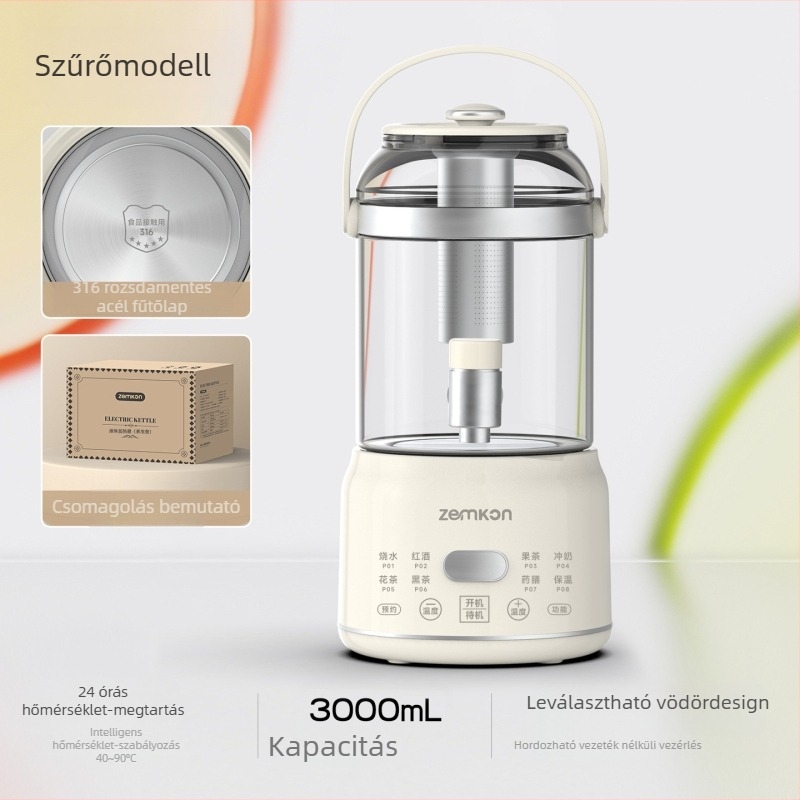Zemkon Egészség teáskanna, üvegtesttel, magas boroszilát üveg, 3 L, 800 W, 220 V, digitális termosztát, érintéses vezérlés, modell RC-Z830D35