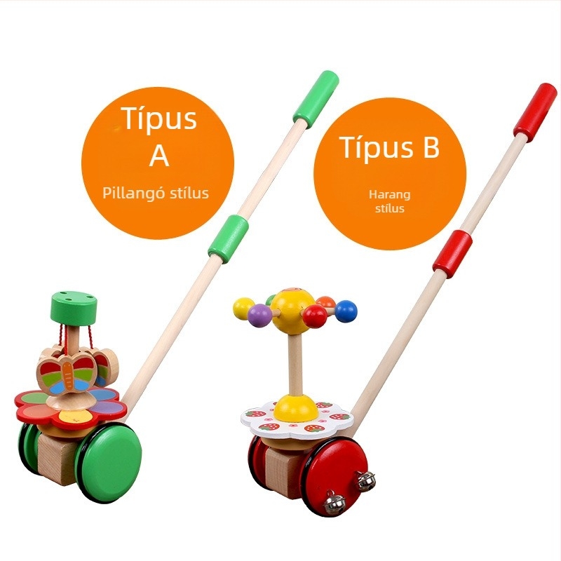 Fából készült tolható játék – Oktató babakocsi karikatúra állatokkal, 0–3 éveseknek