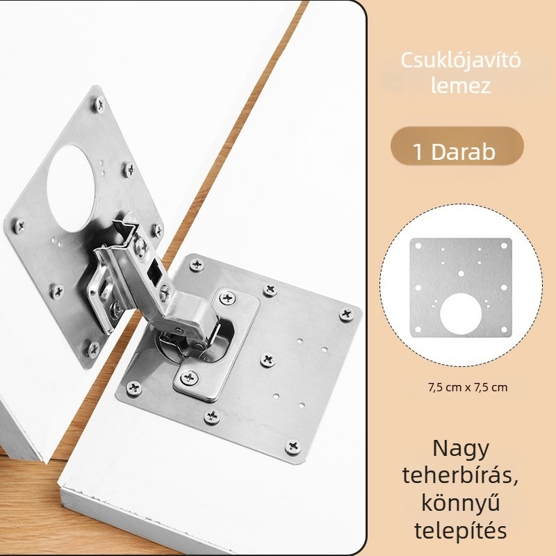 Szekrényajtó zsanérjavító lemez, modell 1034, szabványos négyzetes zsanér, rozsdamentes acél, felületkezelés: általános, stílus: könnyű luxus