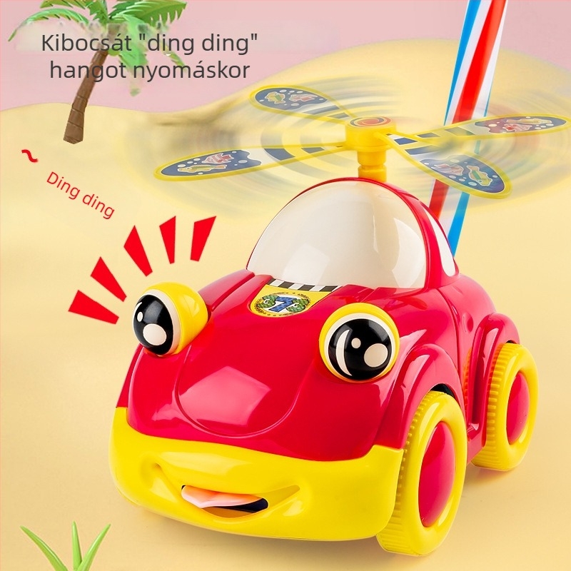 Kézben tolható játékautó ketté tagolt rúd, csengő és mozgó szemek; műanyag kivitel; zacskóban csomagolva; 4–6 éveseknek.