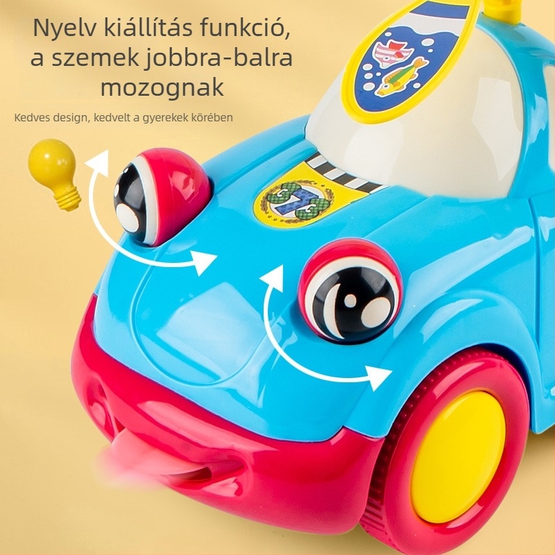 Kézben tolható játékautó ketté tagolt rúd, csengő és mozgó szemek; műanyag kivitel; zacskóban csomagolva; 4–6 éveseknek.