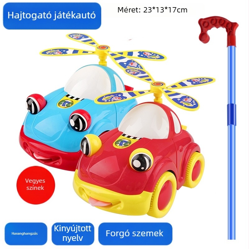 Kézben tolható játékautó ketté tagolt rúd, csengő és mozgó szemek; műanyag kivitel; zacskóban csomagolva; 4–6 éveseknek.