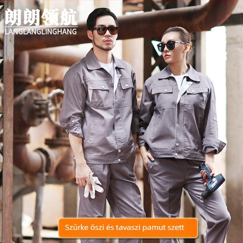 Férfi hosszú ujjú pamut munkaruha szett tavasz–őszre — kopásálló, lélegző, nedvességelvezető munkahelyi ruházat gyárhoz