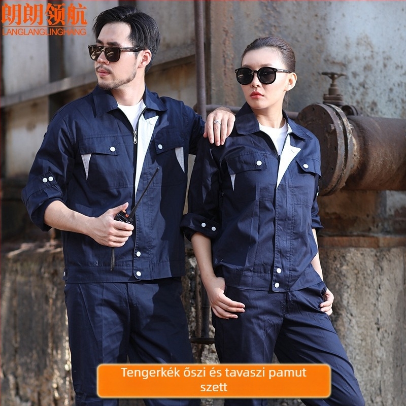 Férfi hosszú ujjú pamut munkaruha szett tavasz–őszre — kopásálló, lélegző, nedvességelvezető munkahelyi ruházat gyárhoz