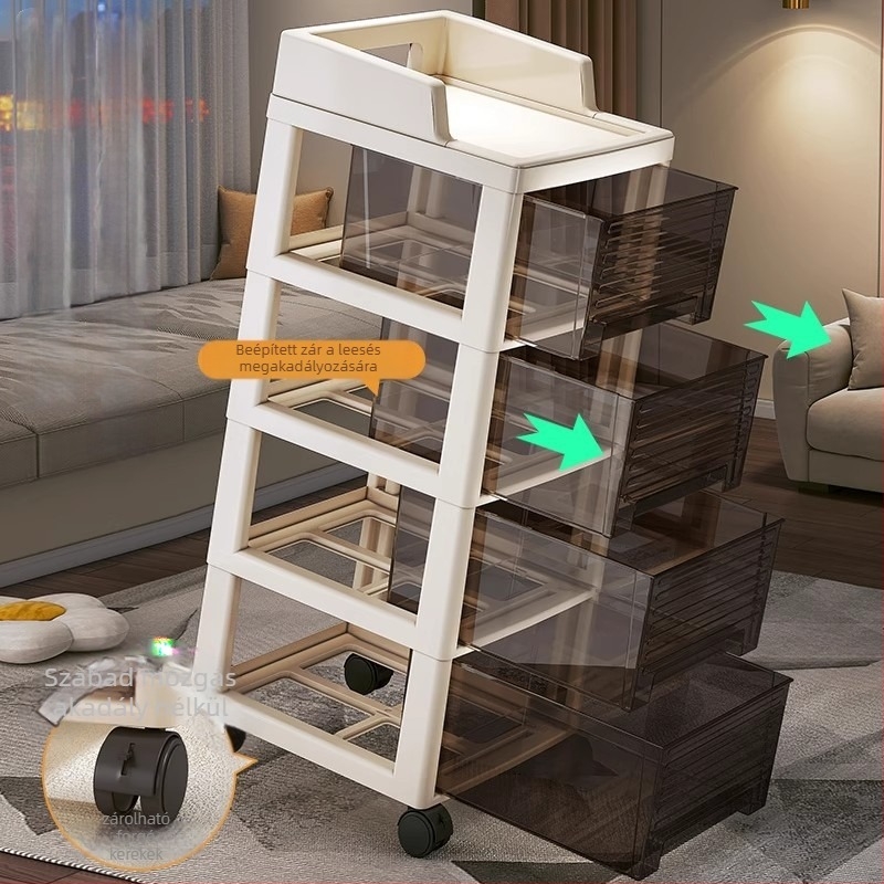 Hat szintes tároló szekrény fiókokkal, mozgatható, padlón álló, műanyag