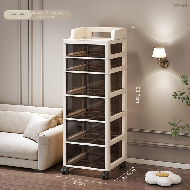 Hat szintes tároló szekrény fiókokkal, mozgatható, padlón álló, műanyag