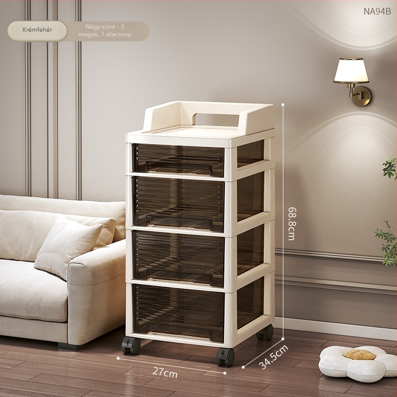 Hat szintes tároló szekrény fiókokkal, mozgatható, padlón álló, műanyag