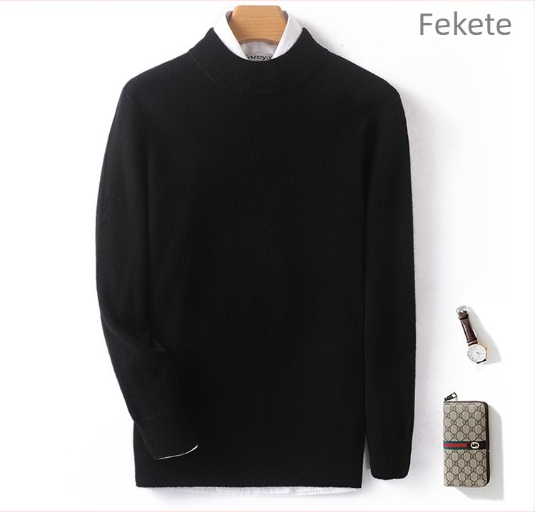 Férfi 100% gyapjú kötött pulóver fél magas gallérrel, hosszú ujjú, testhez álló fazon, téli