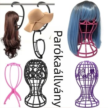 Wig kijelző állvány kettős fejformával és kettős tartókerettel a perukák és sapkák tárolására, felakasztására és szárítására