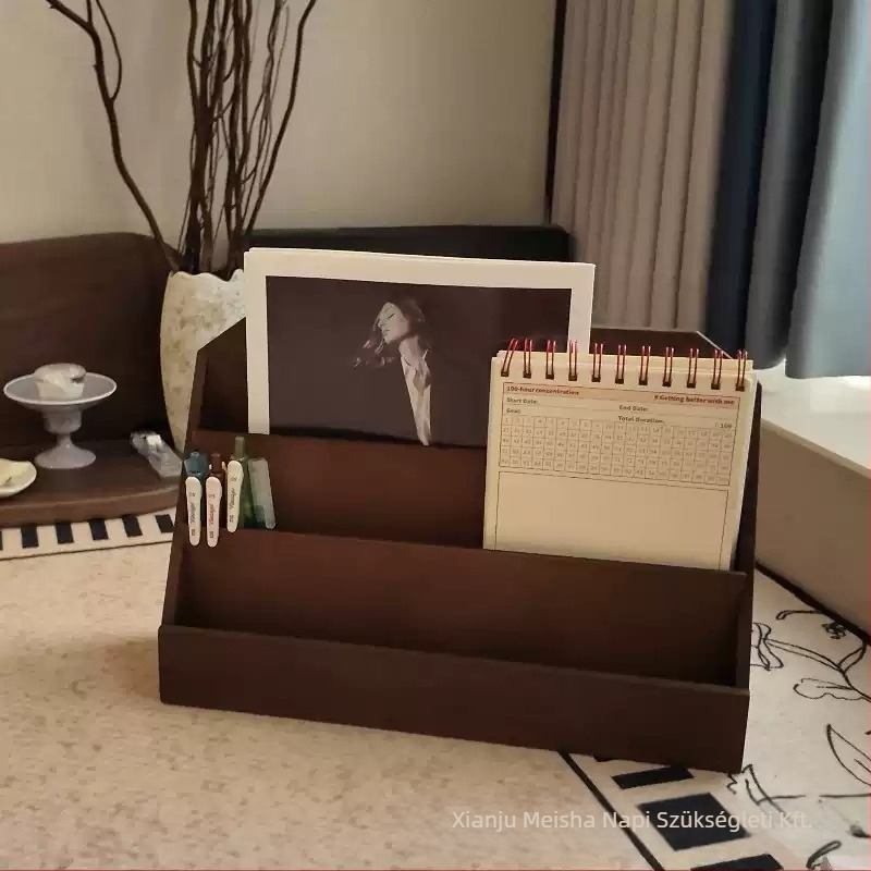 Fából készült asztali tárolódoboz három rekesszel, modern minimalista stílus, modell MS-9235