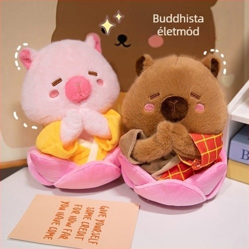 Buddha-stílusú kapibara plüss játék — popcorn és sült krumpli dizájn, ultra-puha rövid bolyhos anyag, töltet hab, színes dobozos csomagolás (0–3 éveseknek)