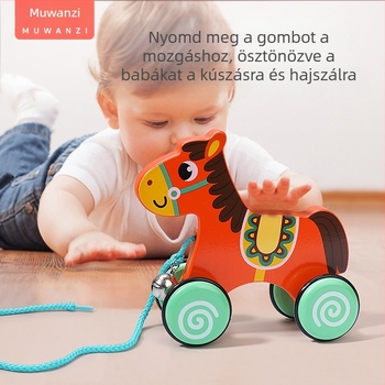 Fából készült húzható járóka gyerekeknek, karikatúra állat dizájnnal, 4–6 éveseknek; anyag: fa; márka: Big hand in small hand; fejleszti a kéz-szem koordinációt