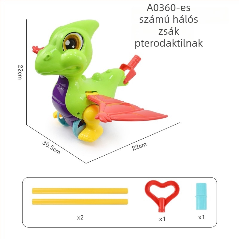 Gyermekeknek szánt toló-játék állatokkal (pteroszaurusz, rák, bogár, nyuszi) — műanyagból, egyrudas kialakítás, zenés csengő, hintázó és forgó