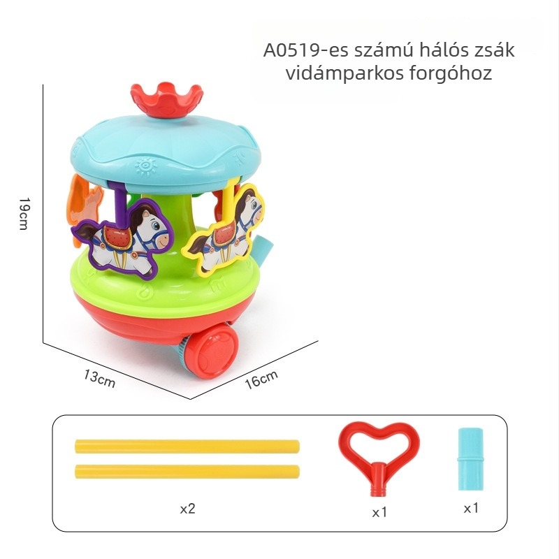 Gyermekeknek szánt toló-játék állatokkal (pteroszaurusz, rák, bogár, nyuszi) — műanyagból, egyrudas kialakítás, zenés csengő, hintázó és forgó