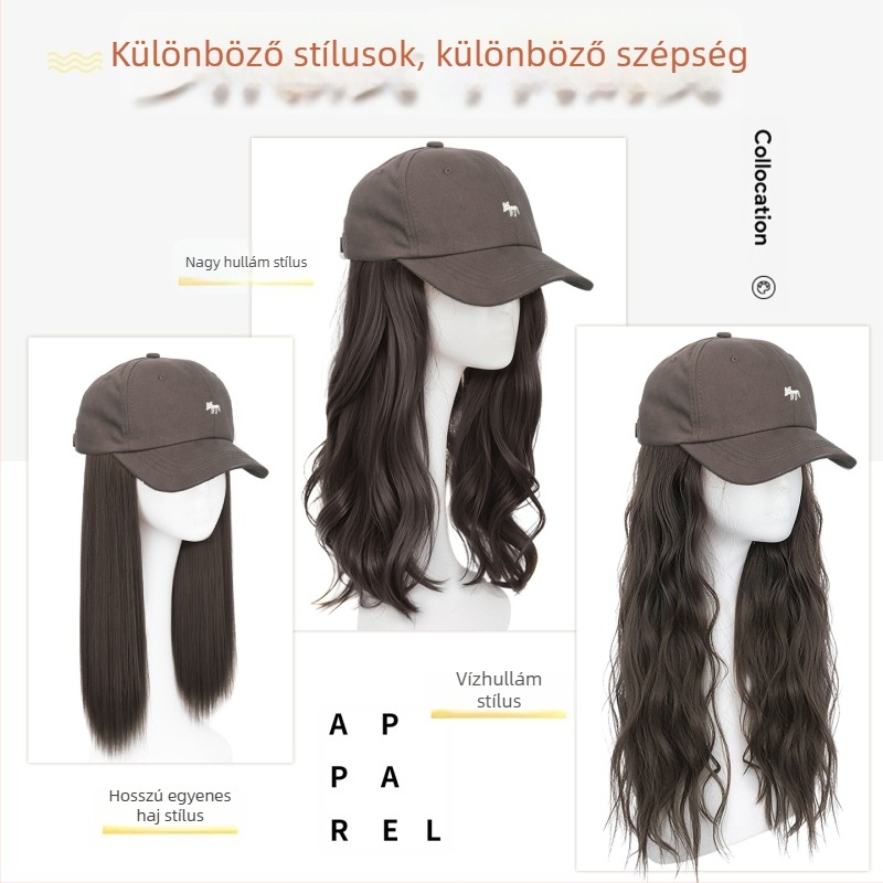 Női sapkás paróka — integrált sapkával, hosszú egyenes haj, egyenes frufru, hőálló szintetikus rost, nem festhető