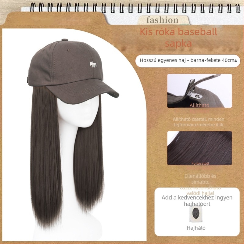 Női sapkás paróka — integrált sapkával, hosszú egyenes haj, egyenes frufru, hőálló szintetikus rost, nem festhető