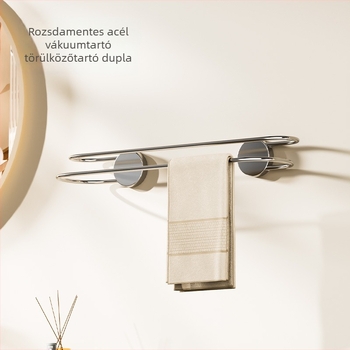 Rozsdamentes acél szívófejes törölközőtartó, dupla rúddal a fürdőszobába – fúrás nélküli szerelés