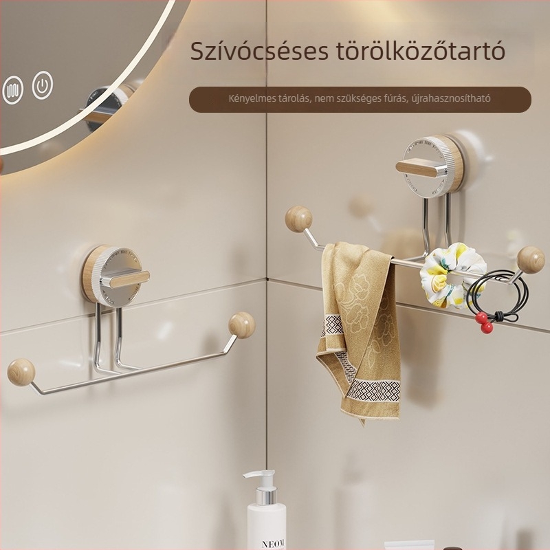 Vákuumos törölközőtartó fúrás nélkül, rozsdamentes acél, fa textúra, fürdőszoba és konyha – Shell Stone