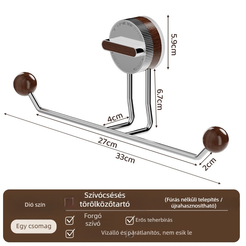 Vákuumos törölközőtartó fúrás nélkül, rozsdamentes acél, fa textúra, fürdőszoba és konyha – Shell Stone