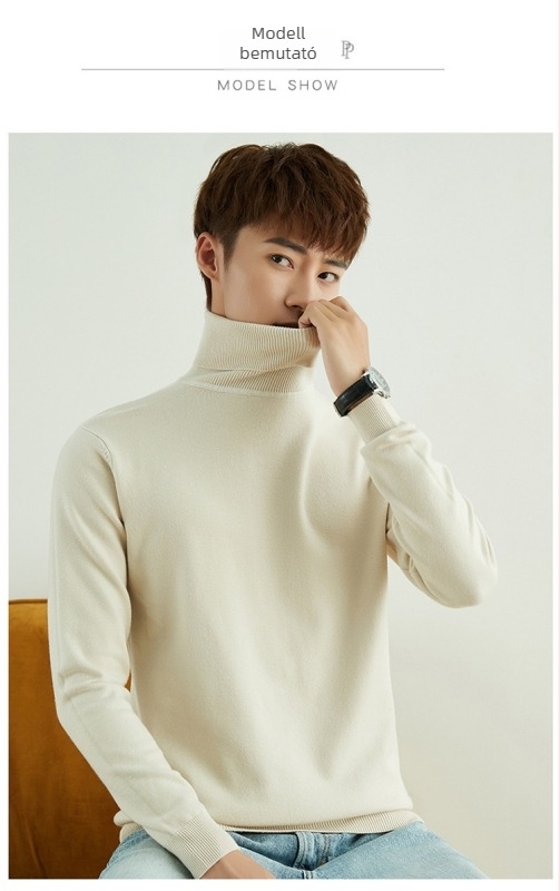 Férfiaknak szóló laza szabású garbónyakú pulóver, koreai stílus, 100% akril, gépi mosás