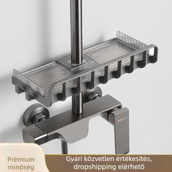 Fürdőszobai tárolópolc zuhanyrúddal, műanyag, elektroplatírozott felület, teherbírás 5–10 kg, 1 polc, Light Luxury stílus