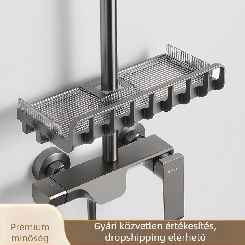 Fürdőszobai tárolópolc zuhanyrúddal, műanyag, elektroplatírozott felület, teherbírás 5–10 kg, 1 polc, Light Luxury stílus