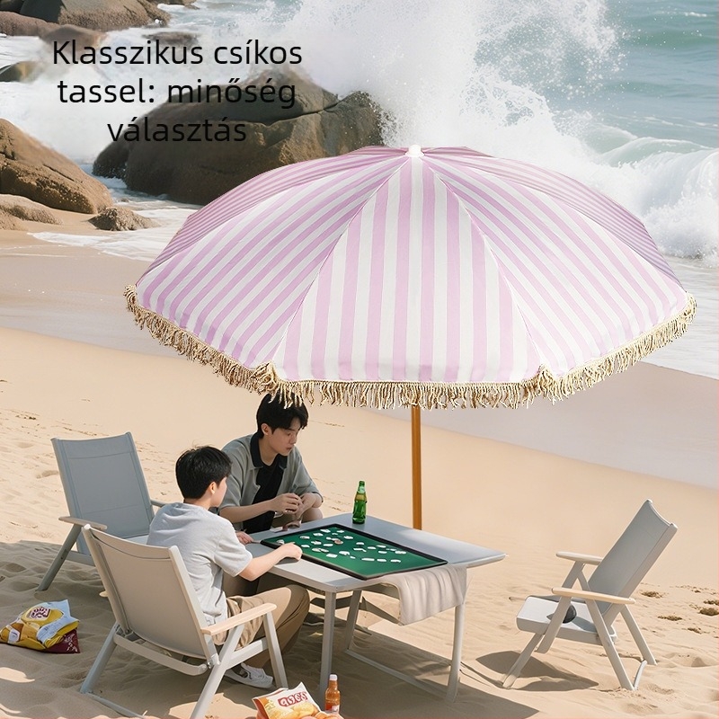 8 bordás strandernyő vas váz, központi cső, 190T Impact Fabric anyag, bojtos díszítés, kézi nyitás-zárás