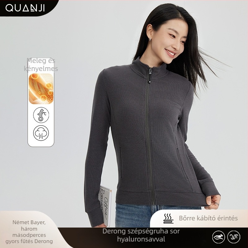 Regenerált cellulóz rostból készült velúr pulóver, Slim Fit, álló gallér és cipzár, hosszú ujjú, japán-koreai casual stílus