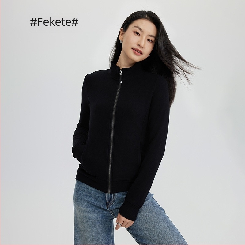 Regenerált cellulóz rostból készült velúr pulóver, Slim Fit, álló gallér és cipzár, hosszú ujjú, japán-koreai casual stílus