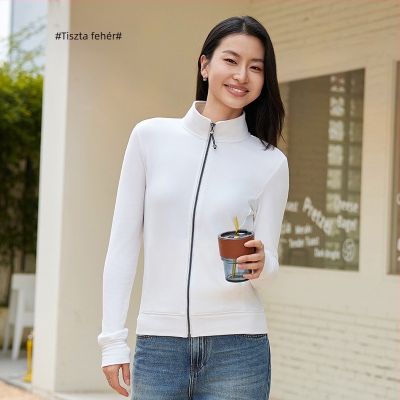 Regenerált cellulóz rostból készült velúr pulóver, Slim Fit, álló gallér és cipzár, hosszú ujjú, japán-koreai casual stílus