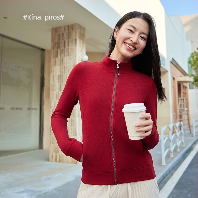 Regenerált cellulóz rostból készült velúr pulóver, Slim Fit, álló gallér és cipzár, hosszú ujjú, japán-koreai casual stílus