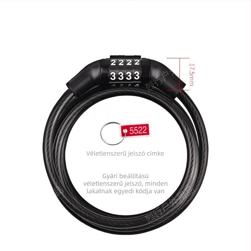 Hegymászó kerékpárhoz jelszavas zár acélsodronnyal — lopás elleni védelem, univerzális kompatibilitás, modell 1