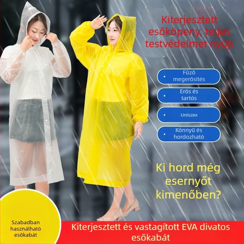 Felnőtteknek szóló EVA esőkabát, egy darabból, vastag, hosszú kivitel, túra poncsó
